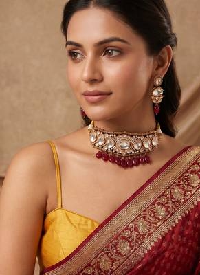 Gold plated maroon beaded polki kundan choker necklace set 1