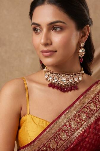 Gold plated maroon beaded polki kundan choker necklace set