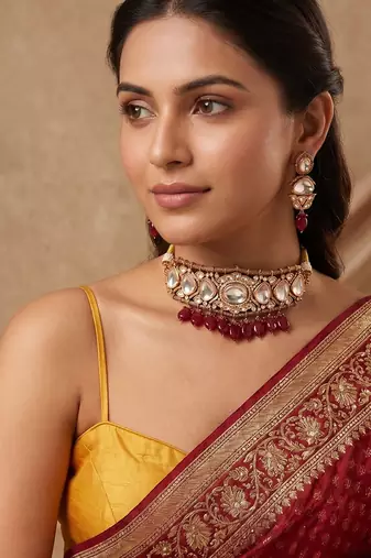 Gold plated maroon beaded polki kundan choker necklace set