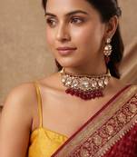 Gold plated maroon beaded polki kundan choker necklace set