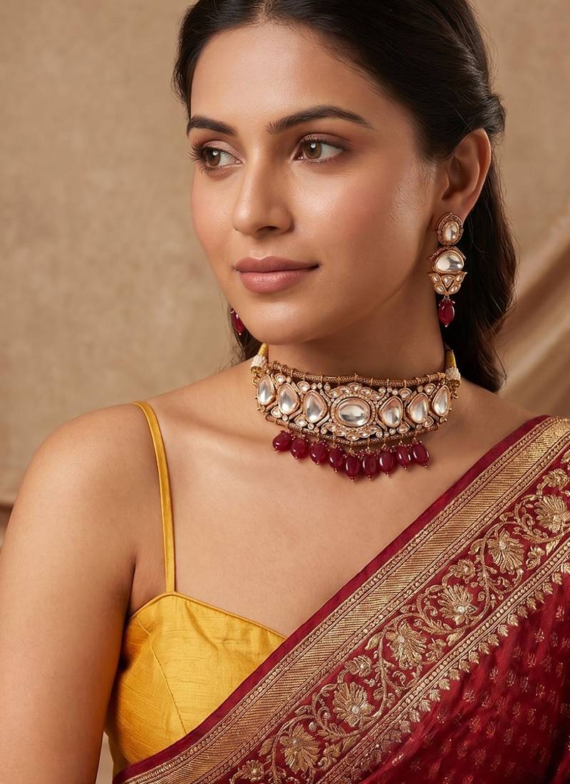 Gold plated maroon beaded polki kundan choker necklace set