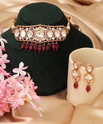 Gold plated maroon beaded polki kundan choker necklace set 2