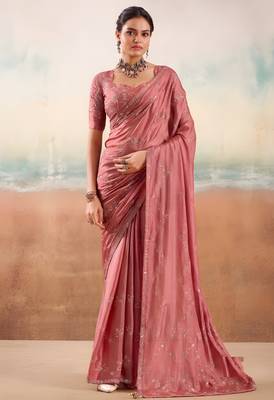 Peach solid poly chiffon ethnic saree 1