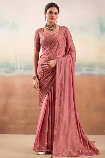 Peach solid poly chiffon ethnic saree