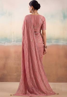 Peach solid poly chiffon ethnic saree 2