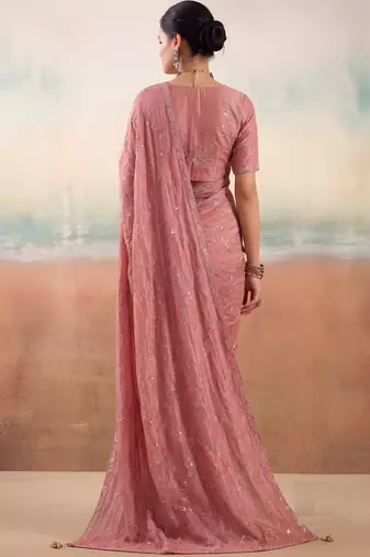 Peach solid poly chiffon ethnic saree