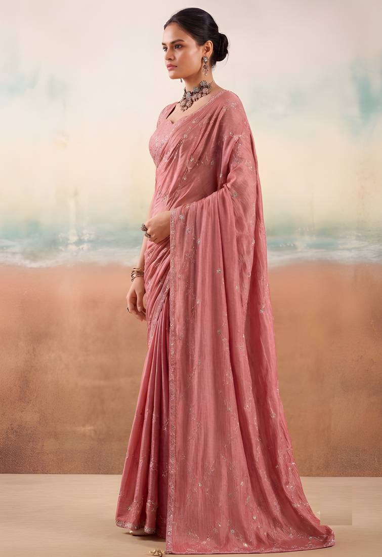 Peach solid poly chiffon ethnic saree