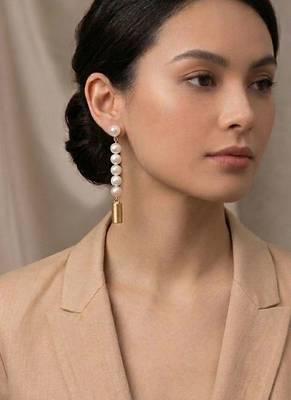 Gold plated linear pearl drop earrings 1