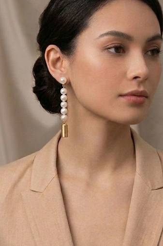 Gold plated linear pearl drop earrings