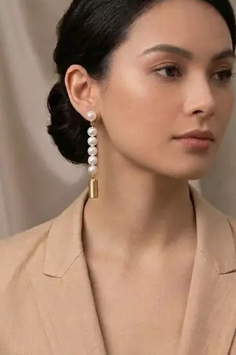 Gold plated linear pearl drop earrings