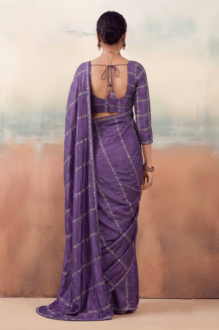 Violet solid poly chiffon ethnic saree