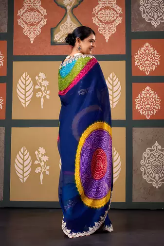 Blue floral print chiffon ethnic saree