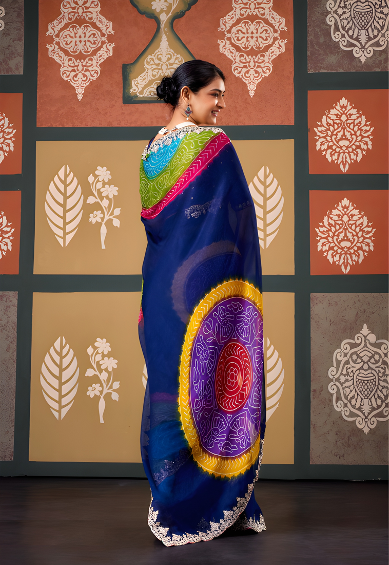 Blue floral print chiffon ethnic saree