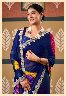 Blue floral print chiffon ethnic saree 2