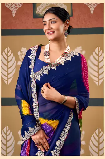 Blue floral print chiffon ethnic saree