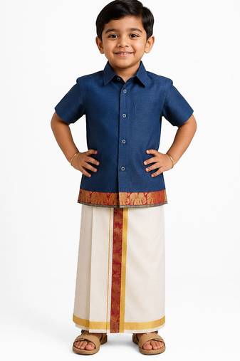 Minipattu teal shirt & veshti set