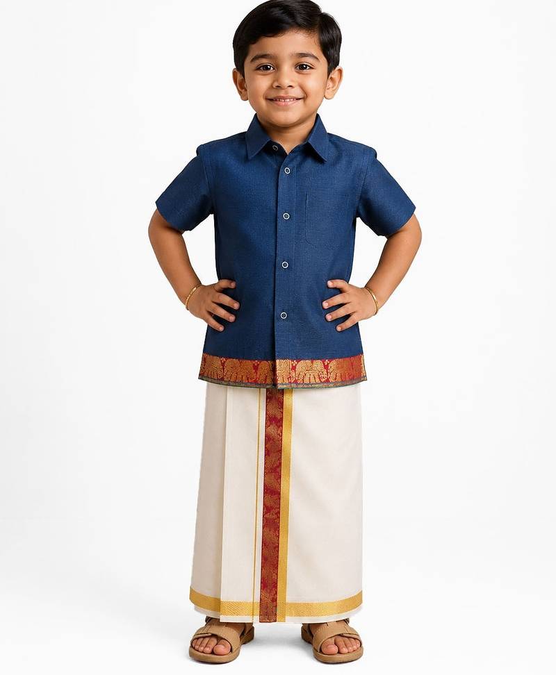 Minipattu teal shirt & veshti set