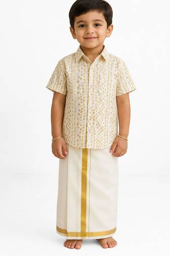 Minipattu bandhini white shirt & veshti set for boys