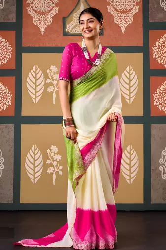 Green floral print chiffon ethnic saree