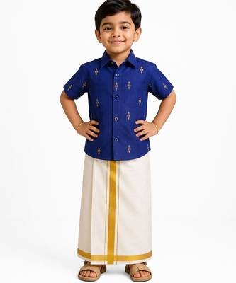 Minipattu royal blue butta shirt & veshti set for boys 1