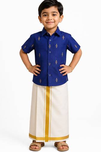 Minipattu royal blue butta shirt & veshti set for boys