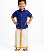 Minipattu royal blue butta shirt & veshti set for boys