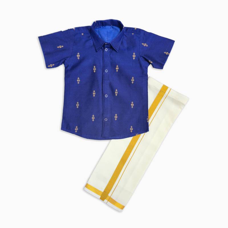 Minipattu royal blue butta shirt & veshti set for boys