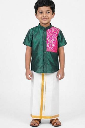 Minipattu dark green shirt & veshti set for boys