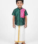 Minipattu dark green shirt & veshti set for boys