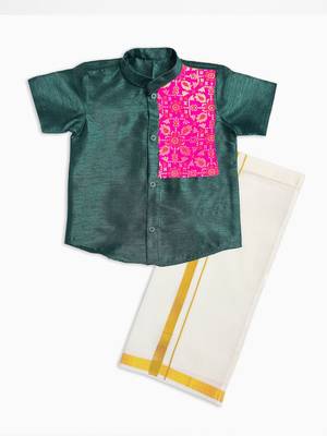 Minipattu dark green shirt & veshti set for boys 2
