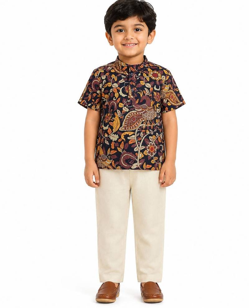 Minipattu black kalamkari kurta pant set for boys
