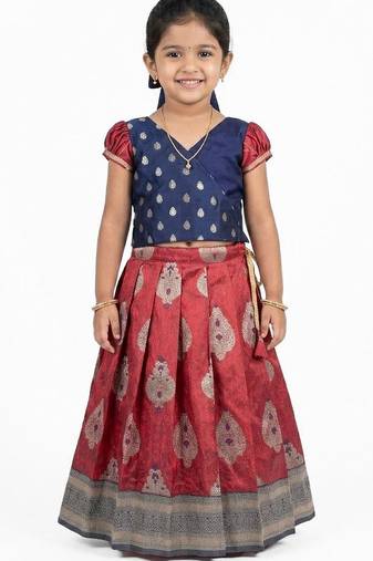 Minipattu maroon navy pattu pavadai for girls