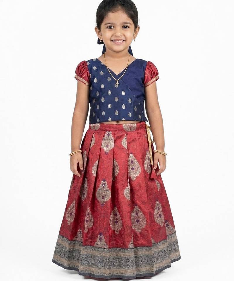 Minipattu maroon navy pattu pavadai for girls