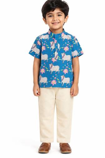Minipattu blue kalamkari kurta pant set for boys