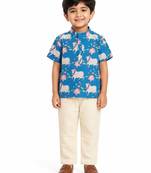 Minipattu blue kalamkari kurta pant set for boys