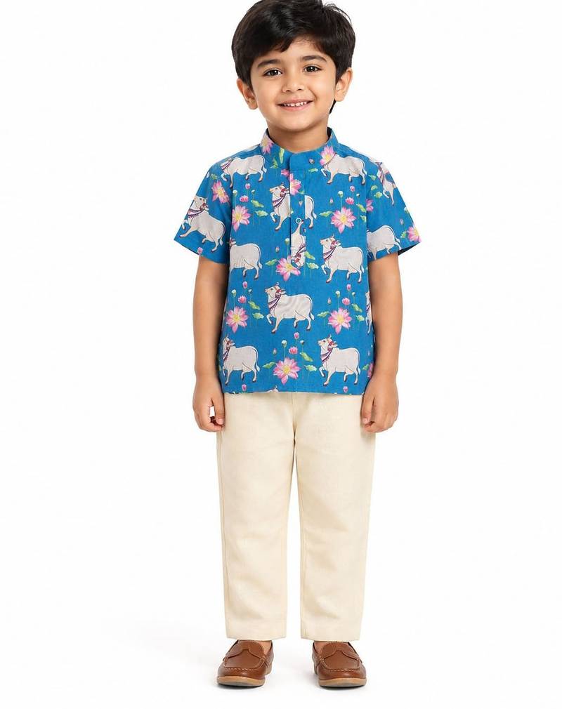 Minipattu blue kalamkari kurta pant set for boys