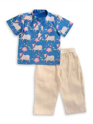 Minipattu blue kalamkari kurta pant set for boys 2
