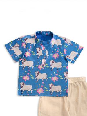 Minipattu blue kalamkari kurta pant set for boys 3