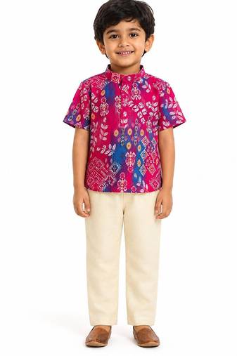 Minipattu pink kalamkari print kurta pant set for boys