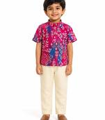 Minipattu pink kalamkari print kurta pant set for boys