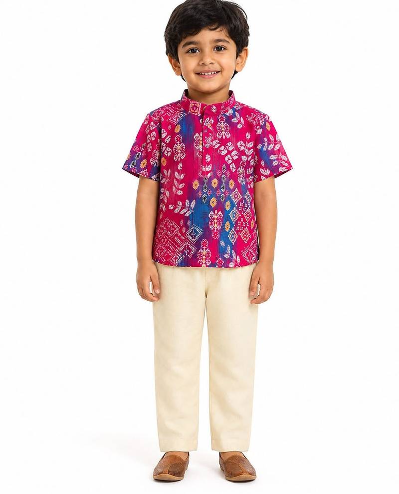 Minipattu pink kalamkari print kurta pant set for boys