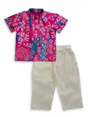 Minipattu pink kalamkari print kurta pant set for boys 2