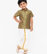 Minipattu mehandi green butta shirt veshti set for boys