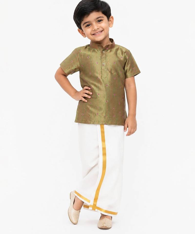 Minipattu mehandi green butta shirt veshti set for boys