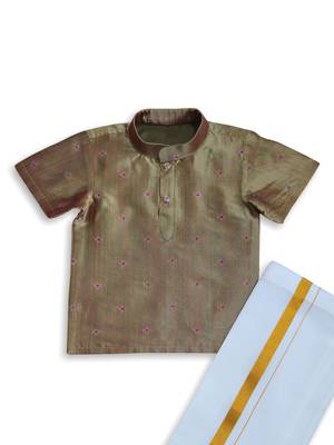 Minipattu mehandi green butta shirt veshti set for boys 3