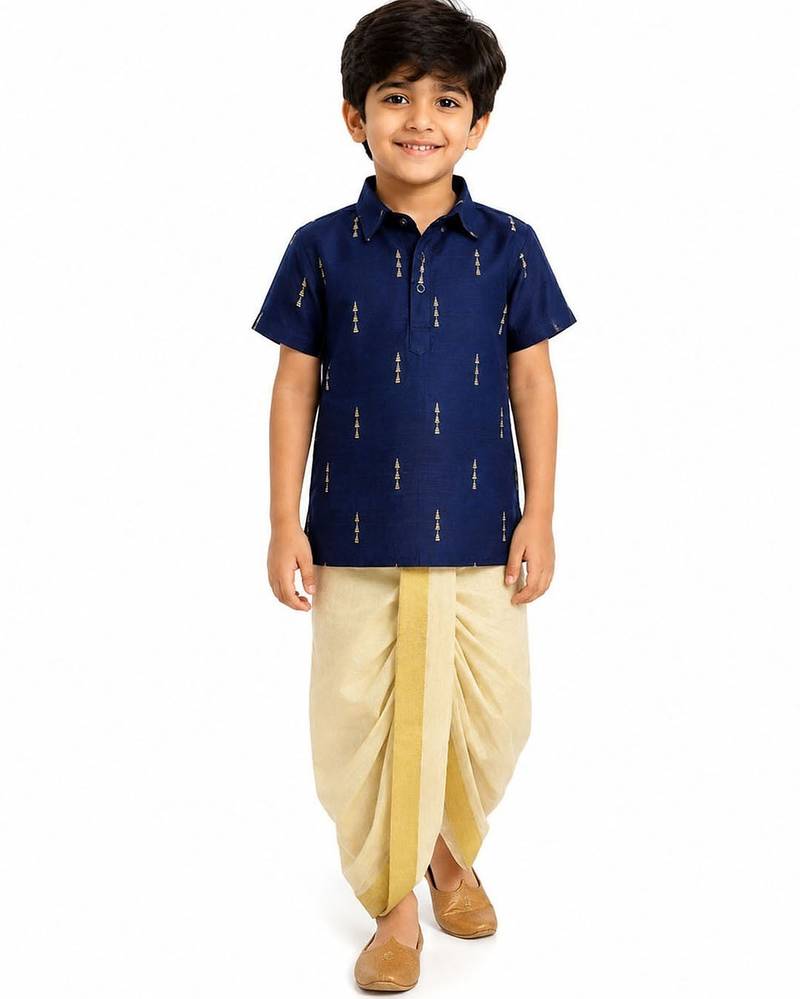 Minipattu blue kurta dhoti set for boys