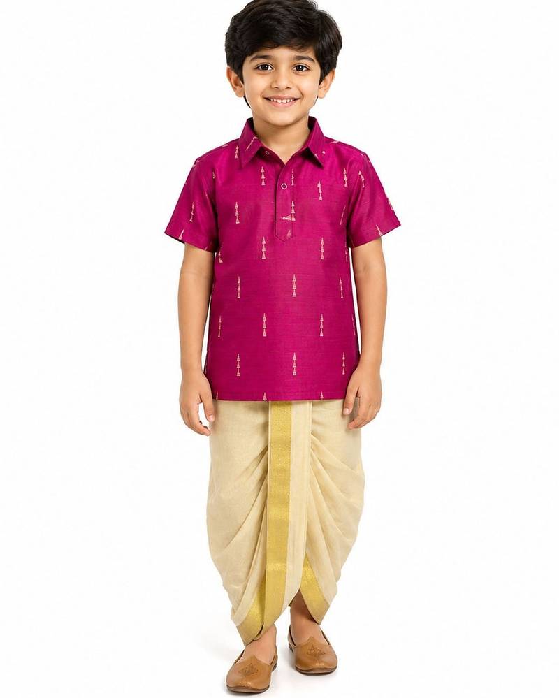 Minipattu pink kurta dhoti set for boys