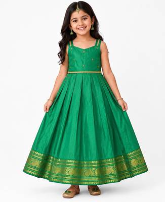 Minipattu green zari butta frock for girls 1