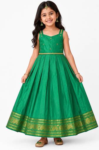 Minipattu green zari butta frock for girls