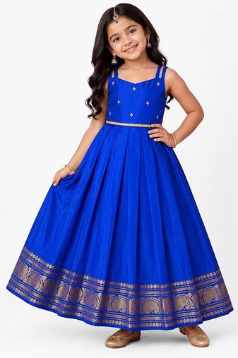 Minipattu blue zari butta frock for girls